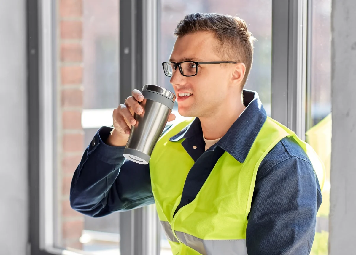 Professionnel du BTP portant un gilet de sécurité prenant une pause hydratation sur un chantier avec casque de chantier jaune à proximité.